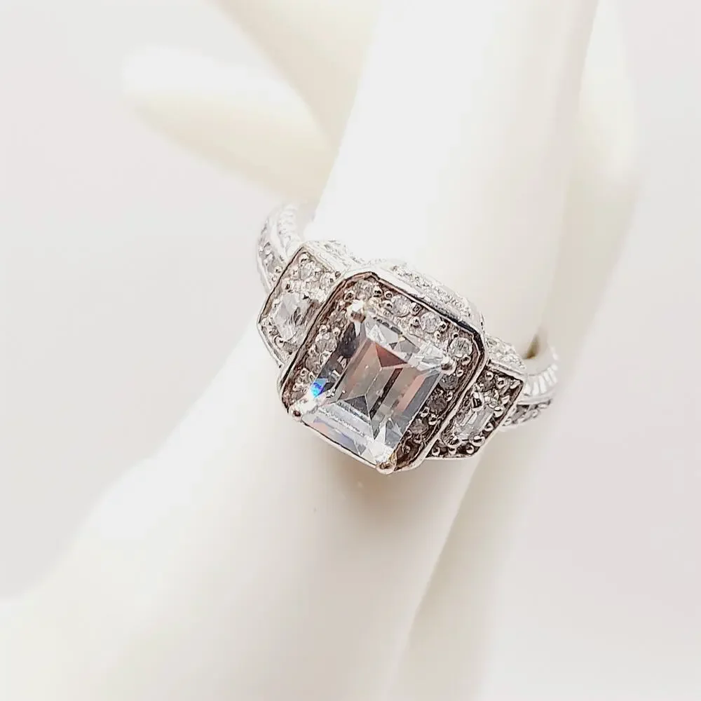 Vintage PJM 925 Sterling Silver Ring – Emerald-Cut Quartz/CZ – Size 7